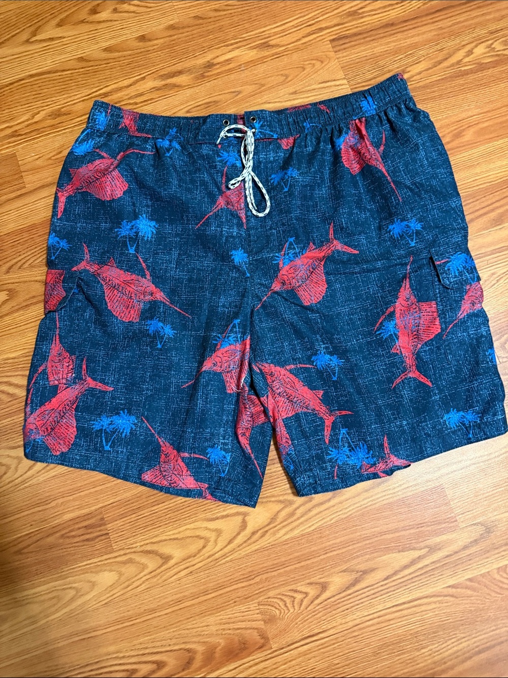 The Foundry Supply Co. Navy Swim Trunks with Red Fish Print